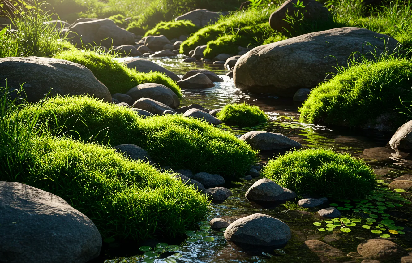 Photo wallpaper grass, the sun, close-up, nature, stream, stones, Wallpaper, moss