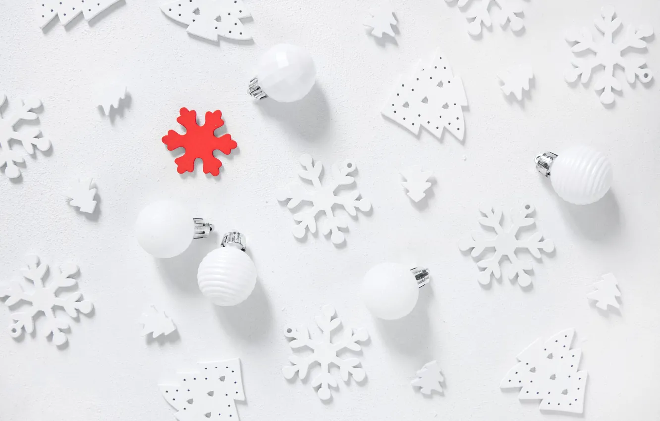 Photo wallpaper balls, decoration, snowflakes, holiday, Christmas, white background, New year, white