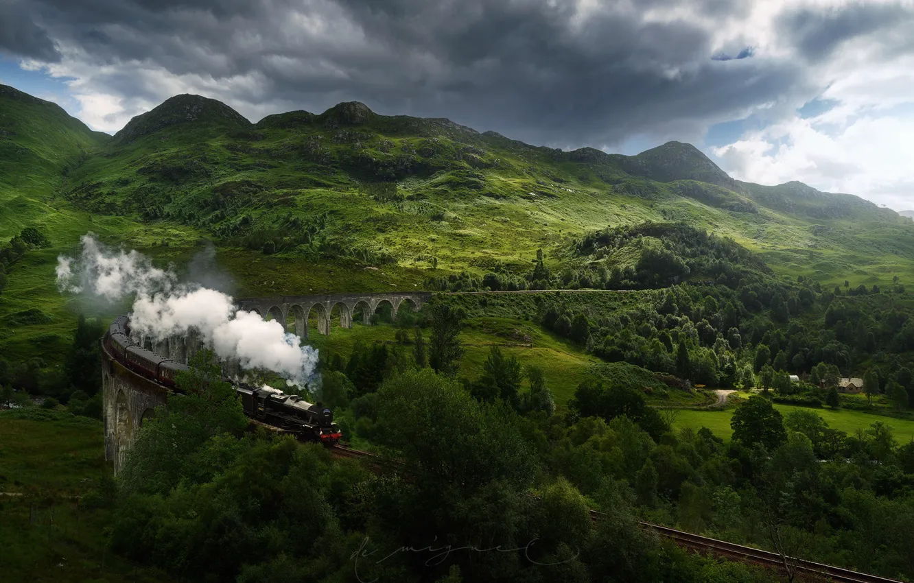 Photo wallpaper mountains, bridge, train, the engine, Scotland