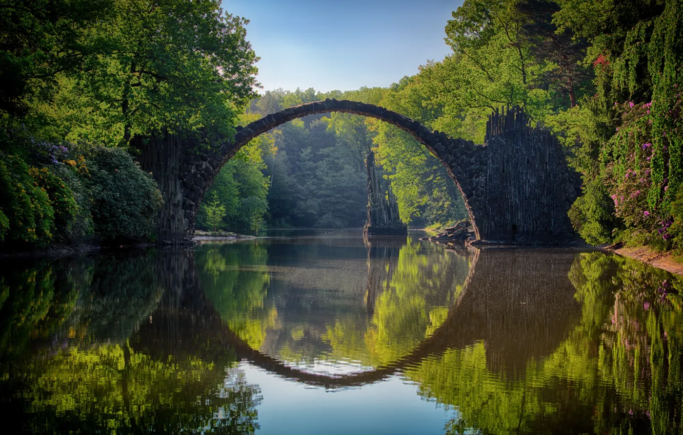 Photo wallpaper forest, bridge, shore, arch, pond