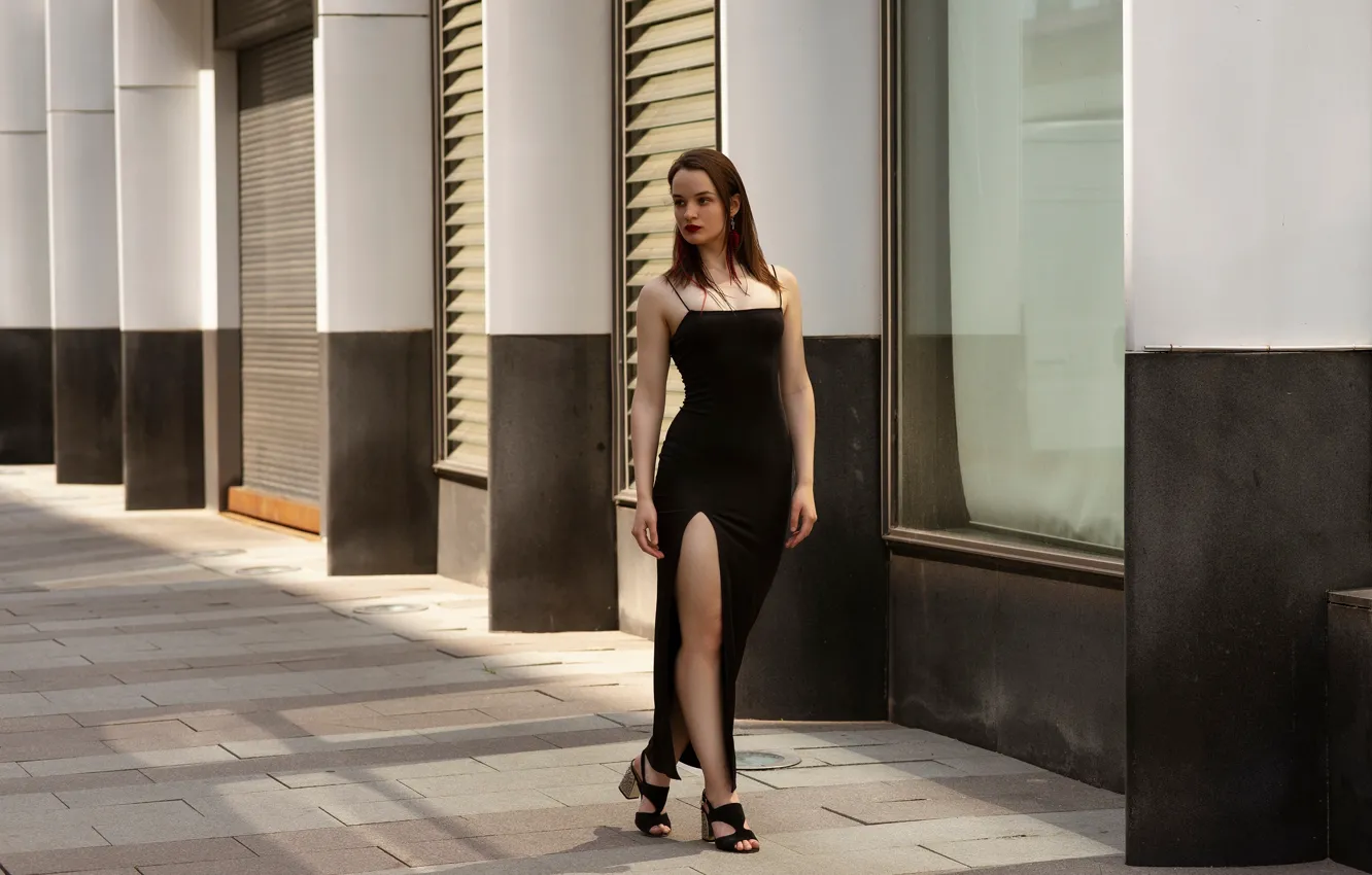 Photo wallpaper model, women, brunette, black dress, hips, public, tight dress, Women Outdoors