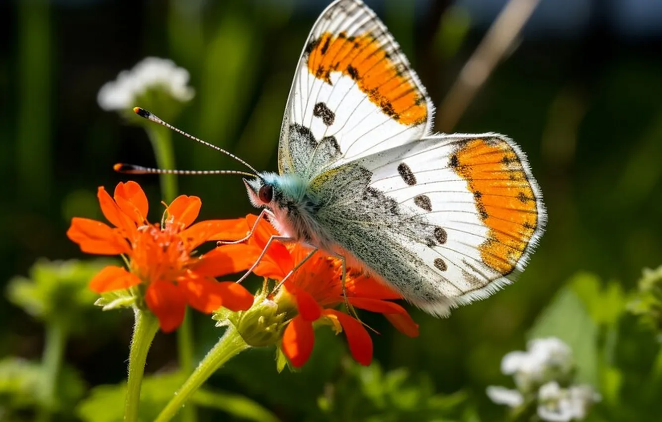 Photo wallpaper flowers, macro, butterfly, wings, beautiful, closeup