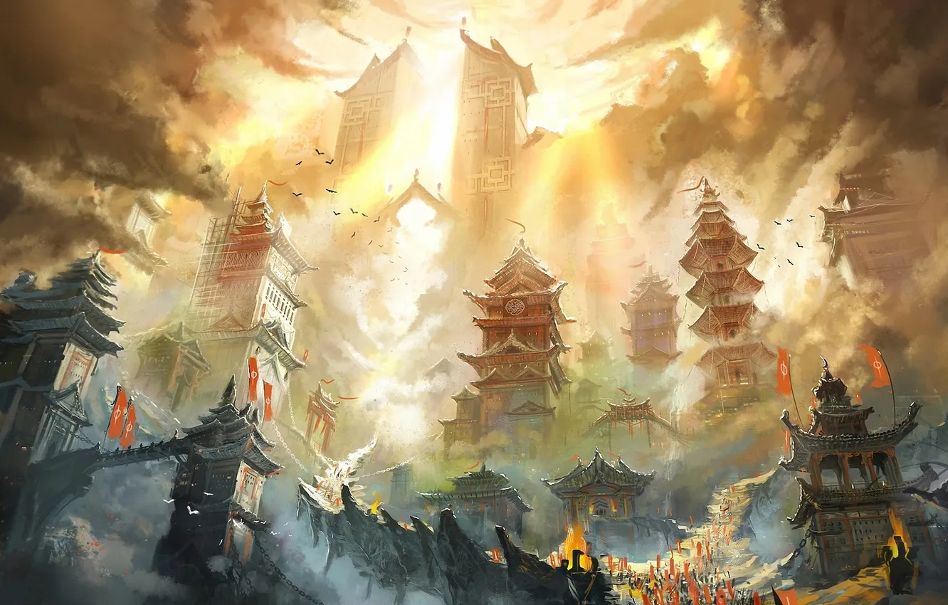 Photo wallpaper clouds, clouds, the city, Asia, tower, art, ladder, steps