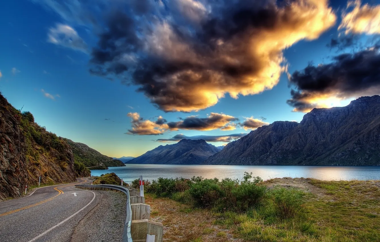 Photo wallpaper road, water, clouds, mountains, river