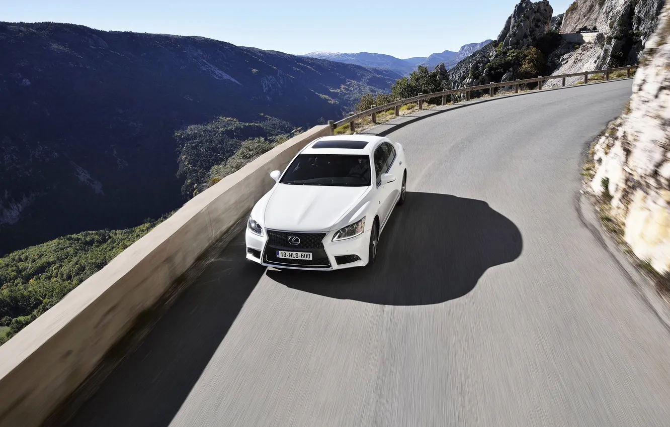 Photo wallpaper road, machine, white, mountains, shadow, Lexus, day, in motion