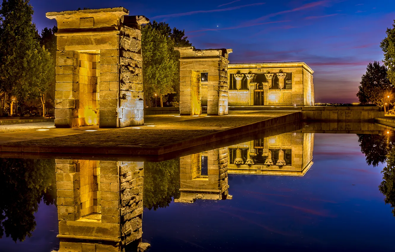Photo wallpaper water, night, lights, lighting, Spain, Madrid, Western Park, The Temple Of Debod
