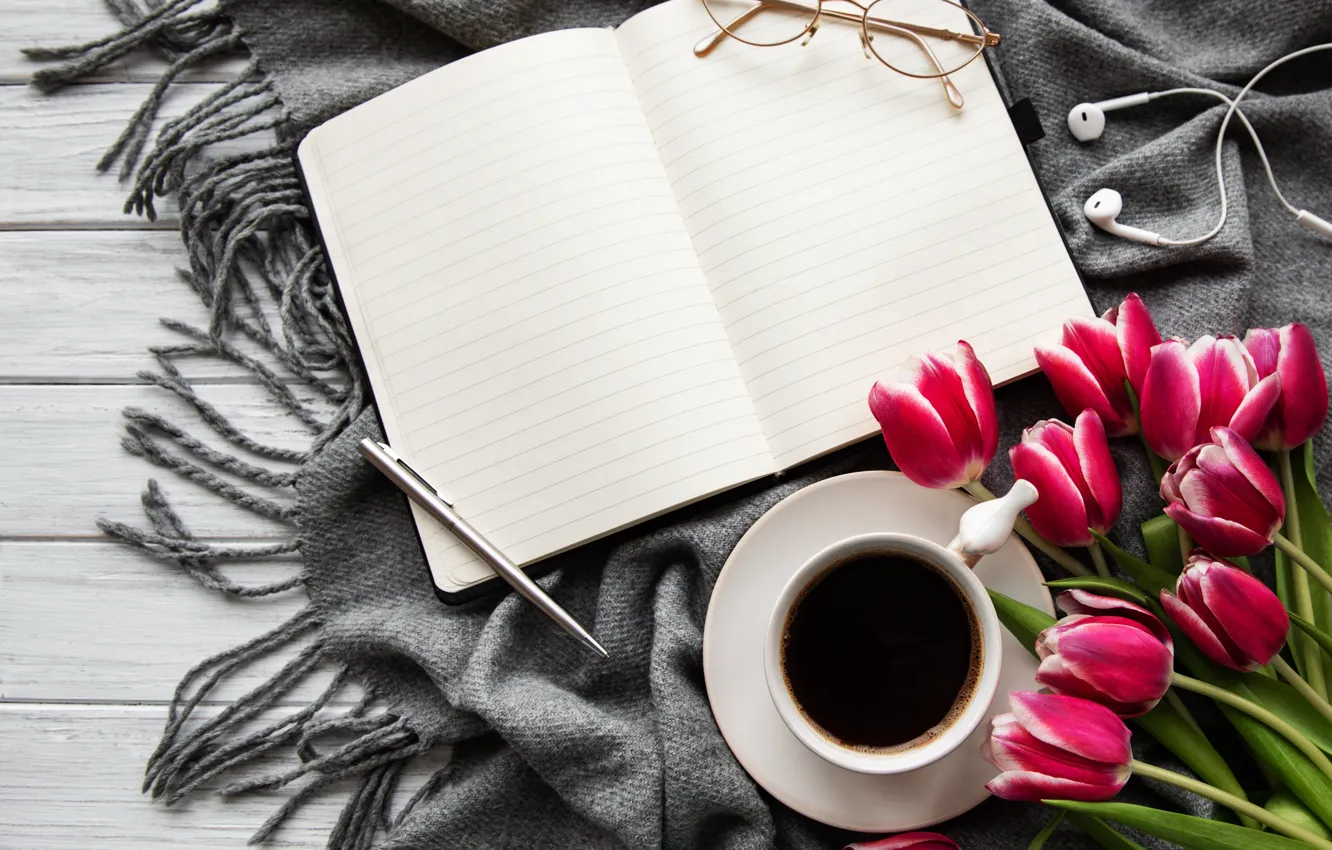 Photo wallpaper coffee, bouquet, headphones, handle, Cup, tulips, Notepad, Olena Rudo