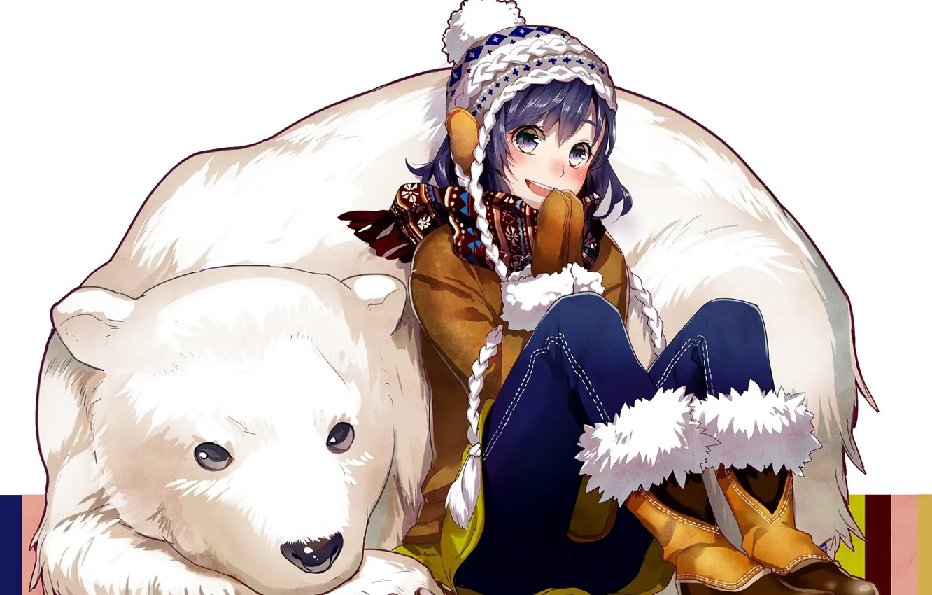 Photo wallpaper smile, jeans, boots, scarf, girl, polar bear, friends, mittens