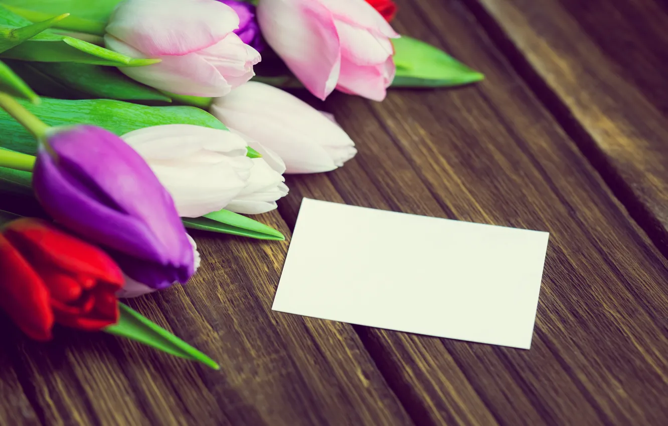 Photo wallpaper flowers, bouquet, colorful, tulips, red, white, wood, flowers