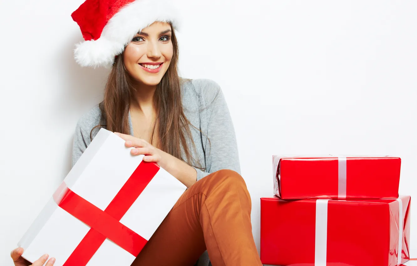 Photo wallpaper girl, smile, holiday, box, gift, hat, new year, Christmas