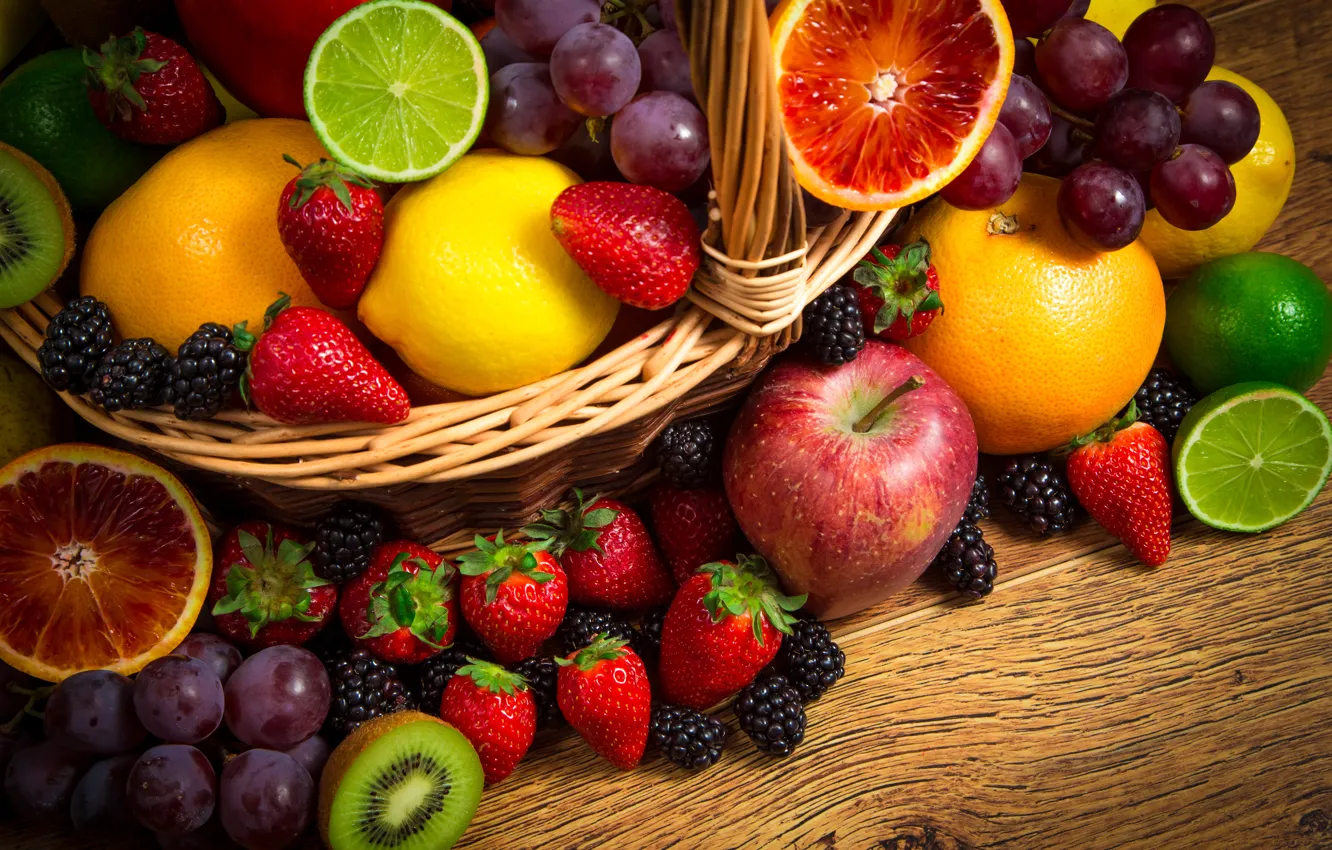 Photo wallpaper berries, apples, oranges, strawberry, grapes, lime, fruit, BlackBerry