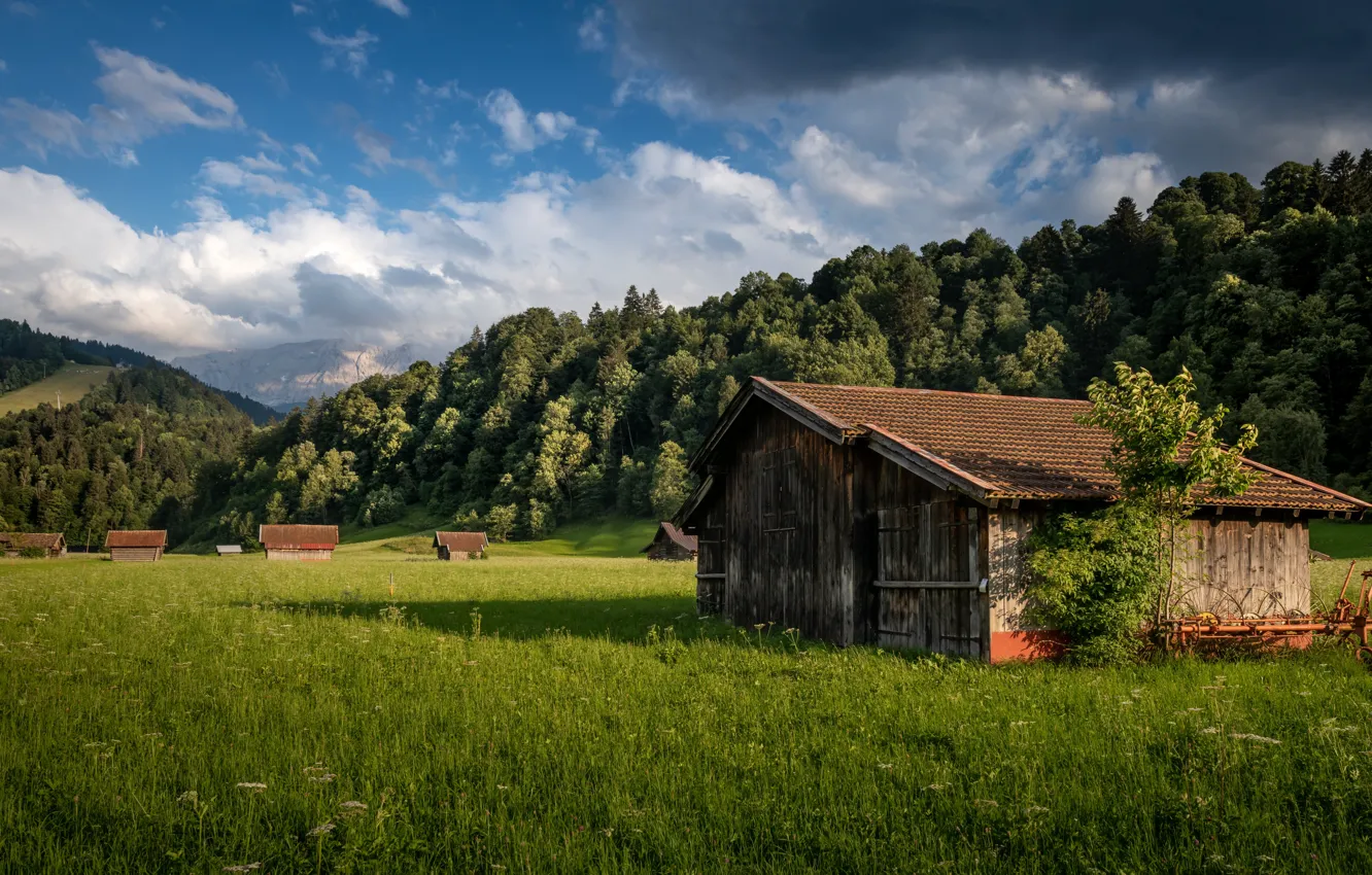 Photo wallpaper the sky, clouds, mountains, buildings