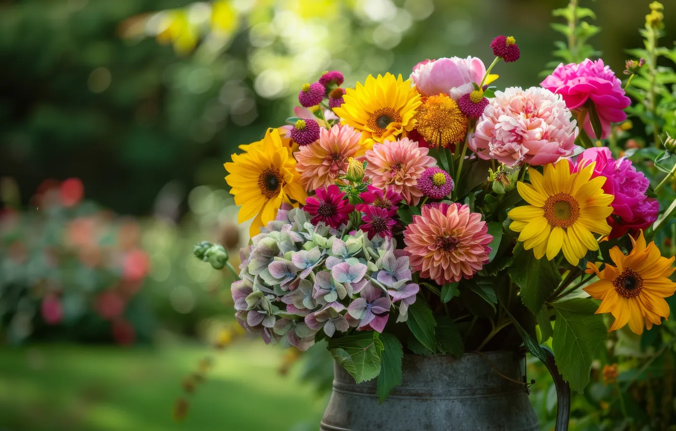 Photo wallpaper summer, bouquet, garden, green background, bokeh, peonies, hydrangea, dahlias