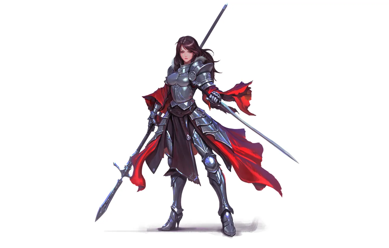 Photo wallpaper girl, sword, fantasy, armor, red eyes, brunette, weapons, digital art