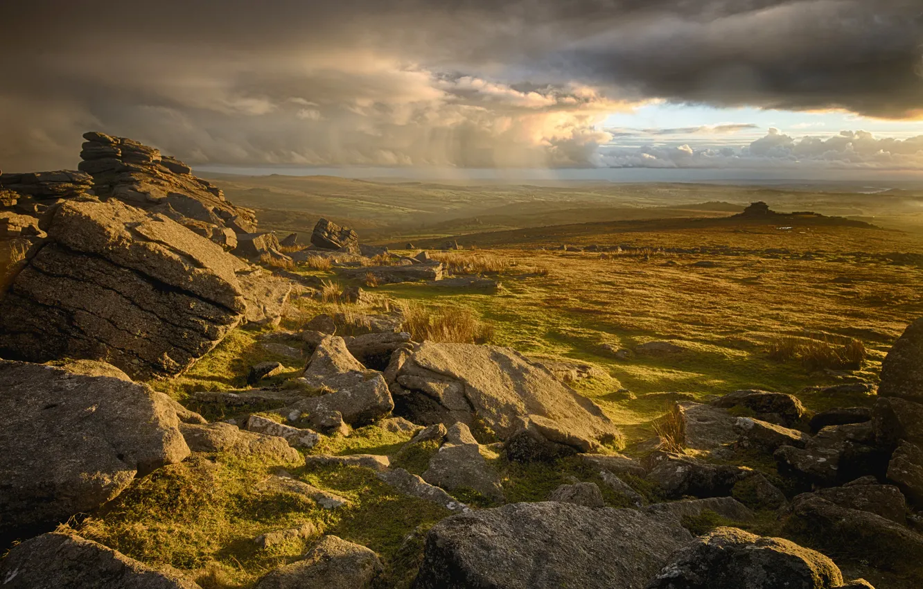 Photo wallpaper the sky, grass, clouds, mountains, lake, stones