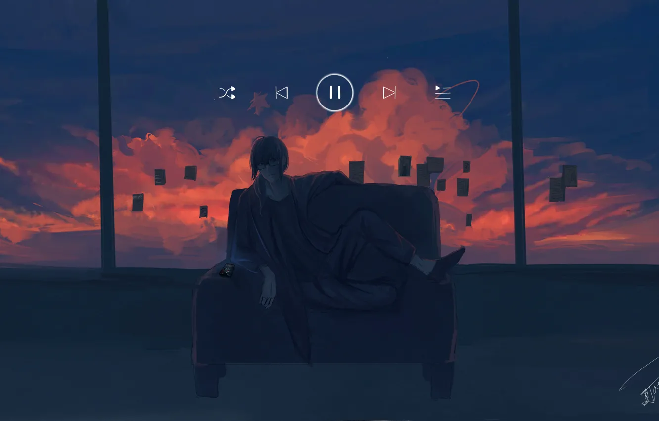 Photo wallpaper sunset, music, sofa, guy, smartphone