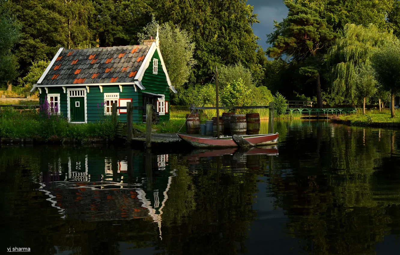 Photo wallpaper summer, trees, nature, pond, Park, river, boat, house