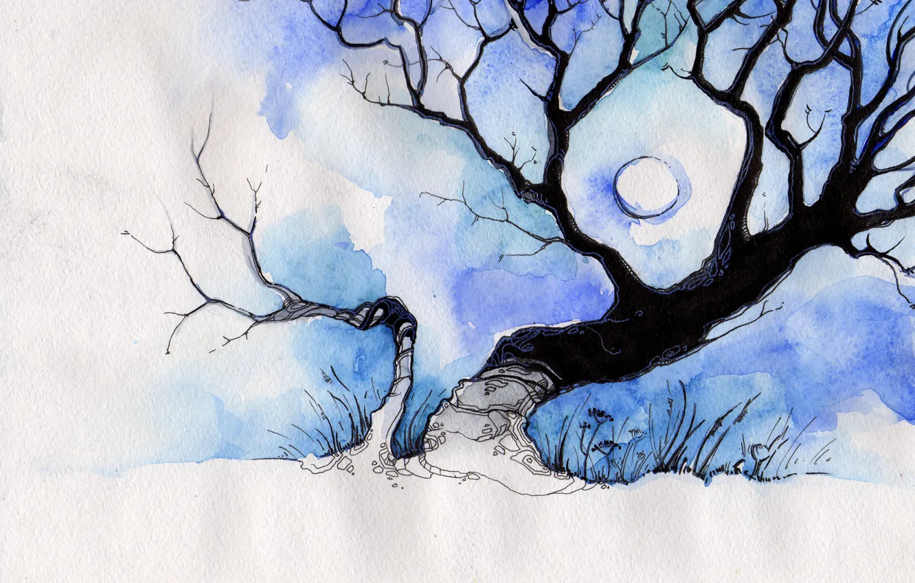 Photo wallpaper white, blue, tree, the moon, figure, deviantart, sulamith