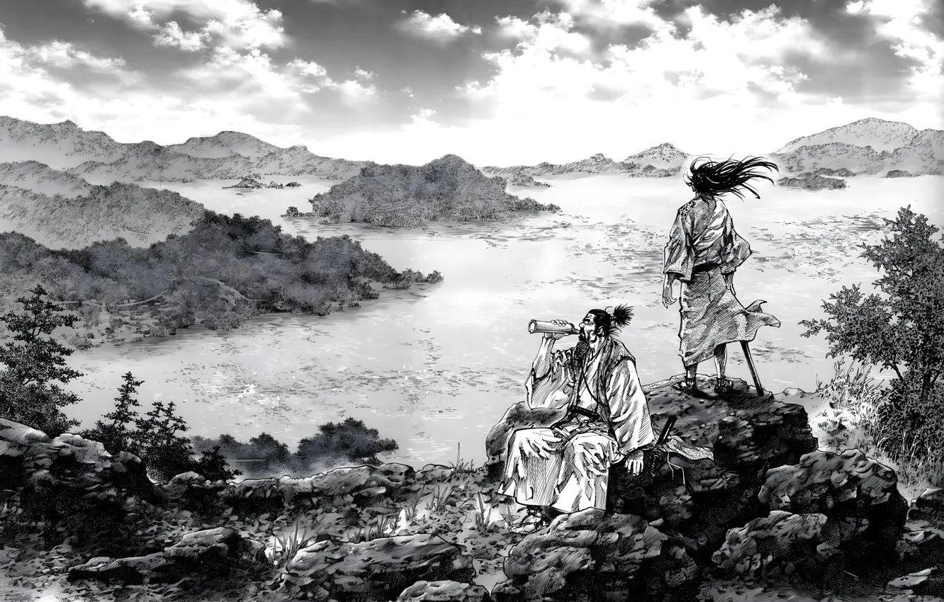 Photo wallpaper Manga, Hobo, Black and white, Miyamoto Musashi, Manga, Landscape, Two, Vagabond