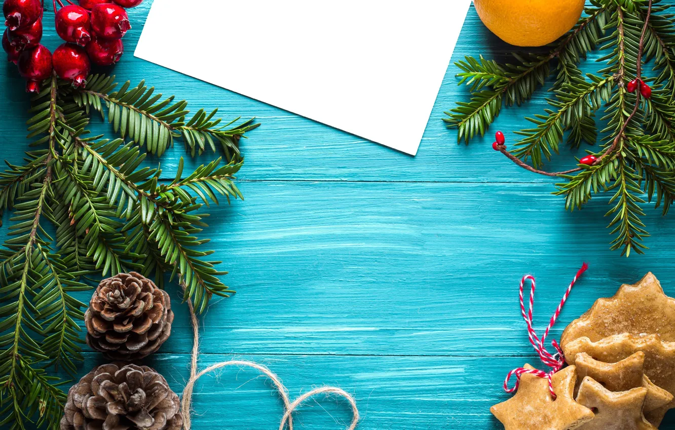 Photo wallpaper winter, branches, berries, holiday, Board, new year, cookies, fruit