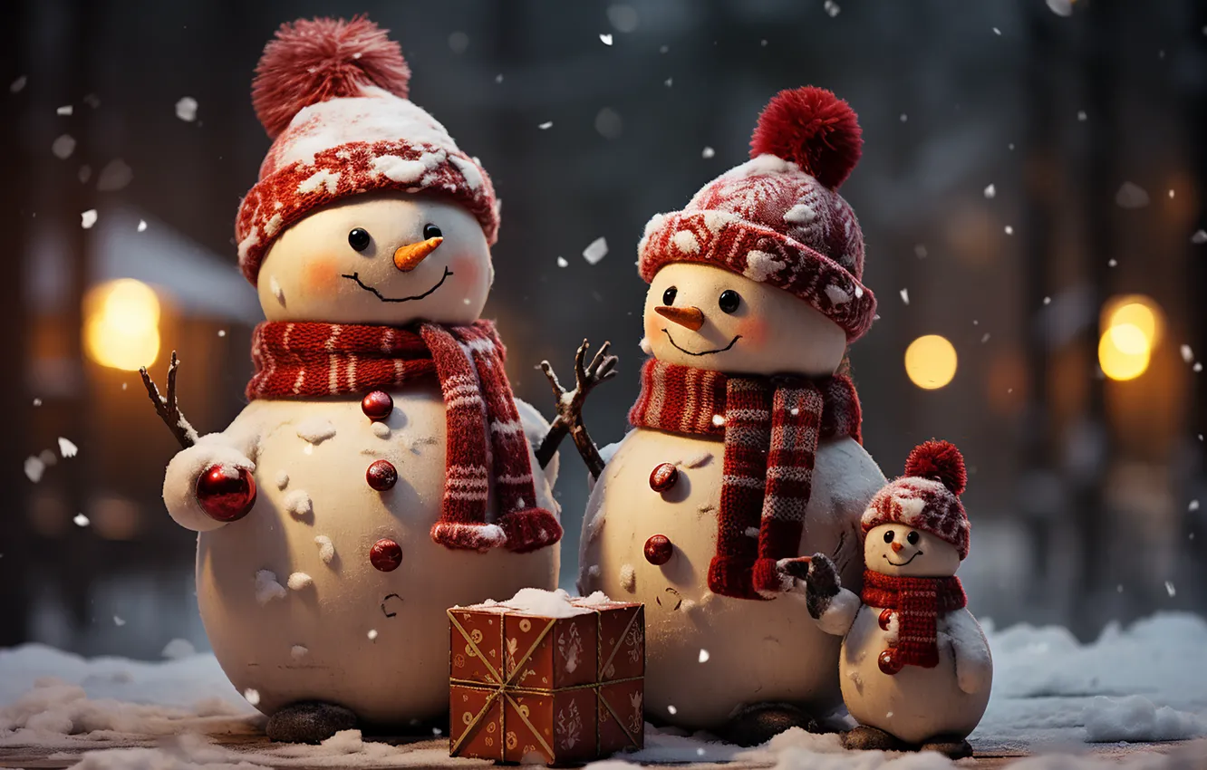 Photo wallpaper winter, snow, new year, Christmas, snowman, Christmas, night, winter