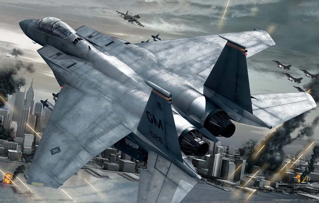 Photo wallpaper the city, the plane, war, fighter, ace combat 6