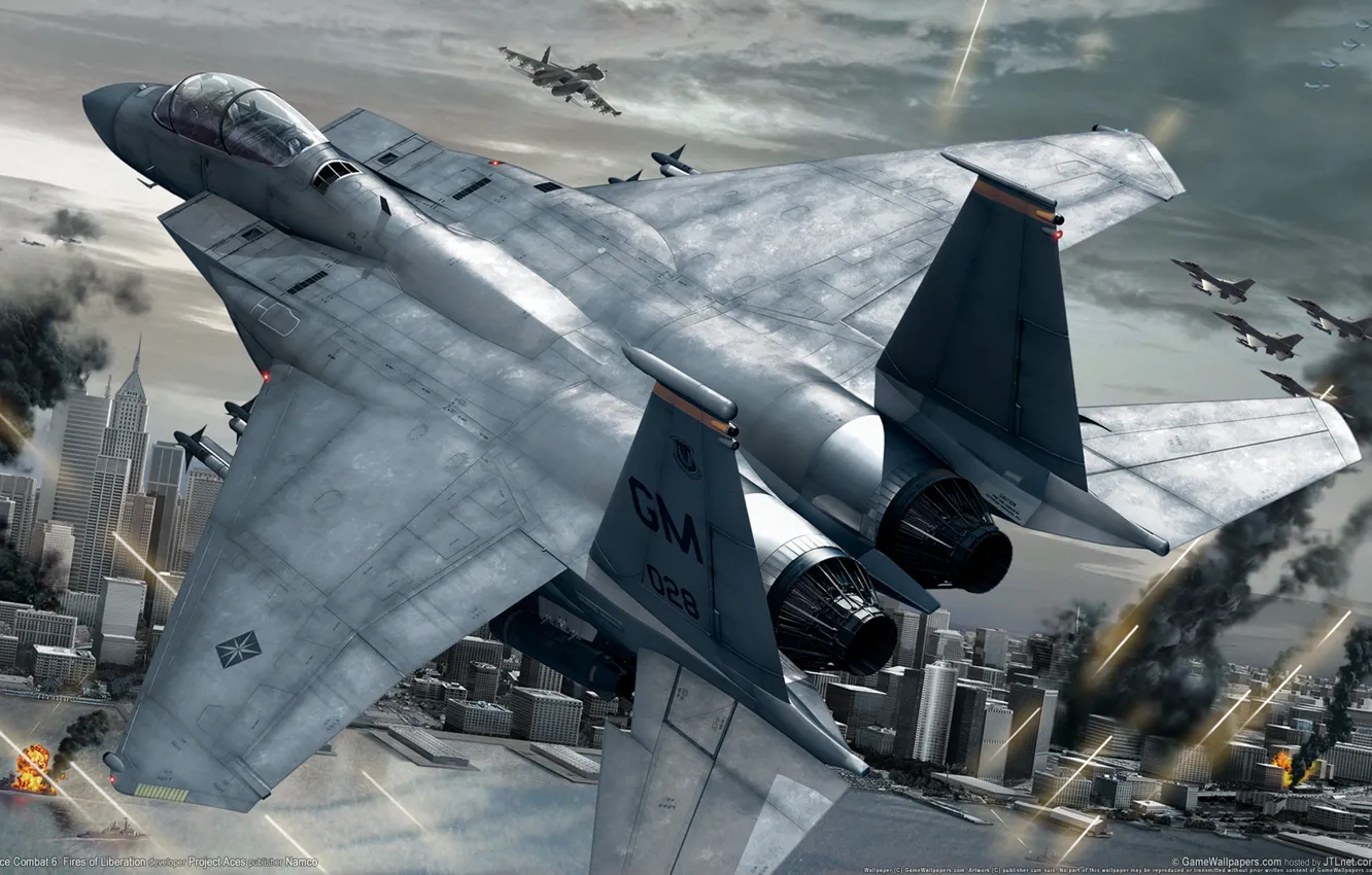 Photo wallpaper the city, war, fighter, the plane, ace combat 6