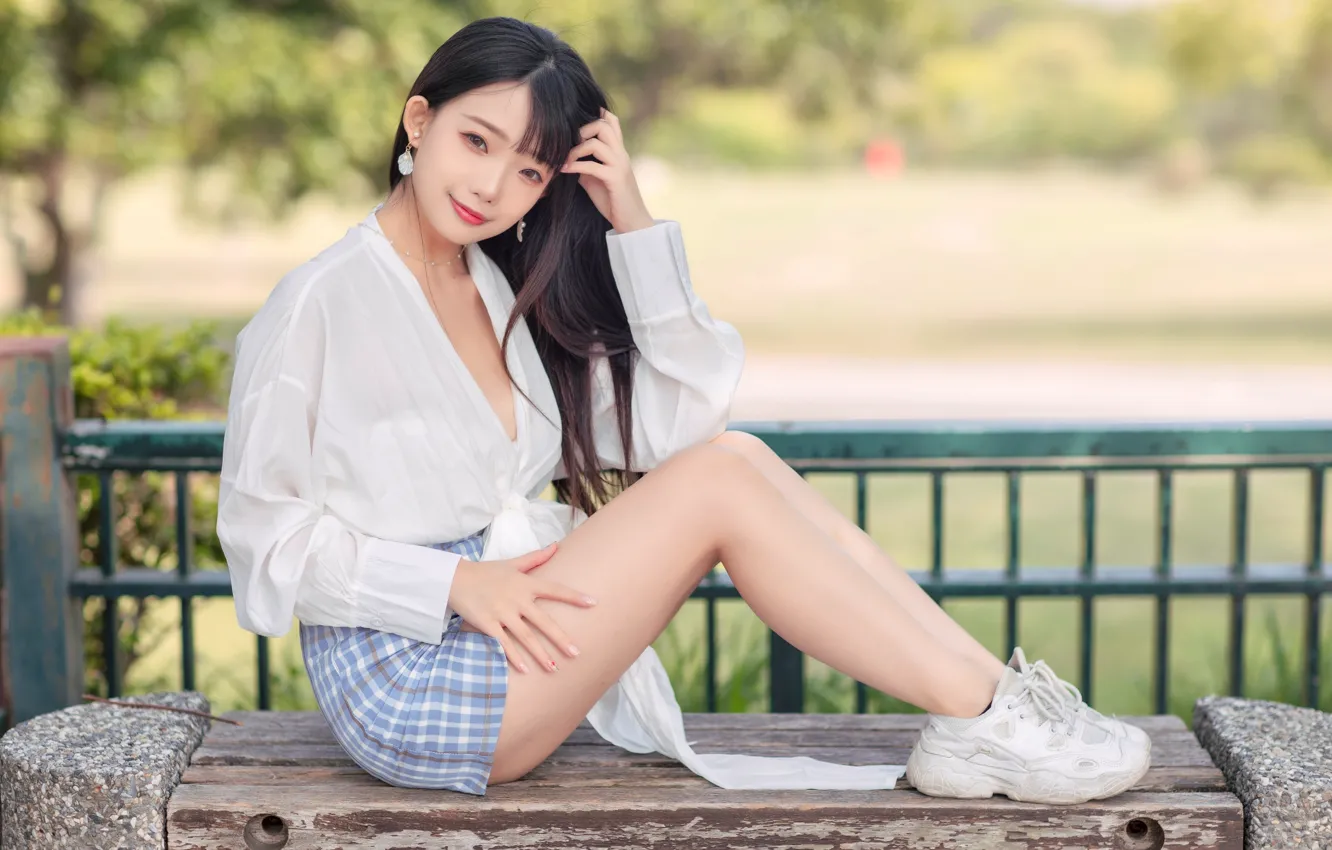 Photo wallpaper look, fence, Asian, gesture, sneakers, bunetta, girl posing, sitting on the bench