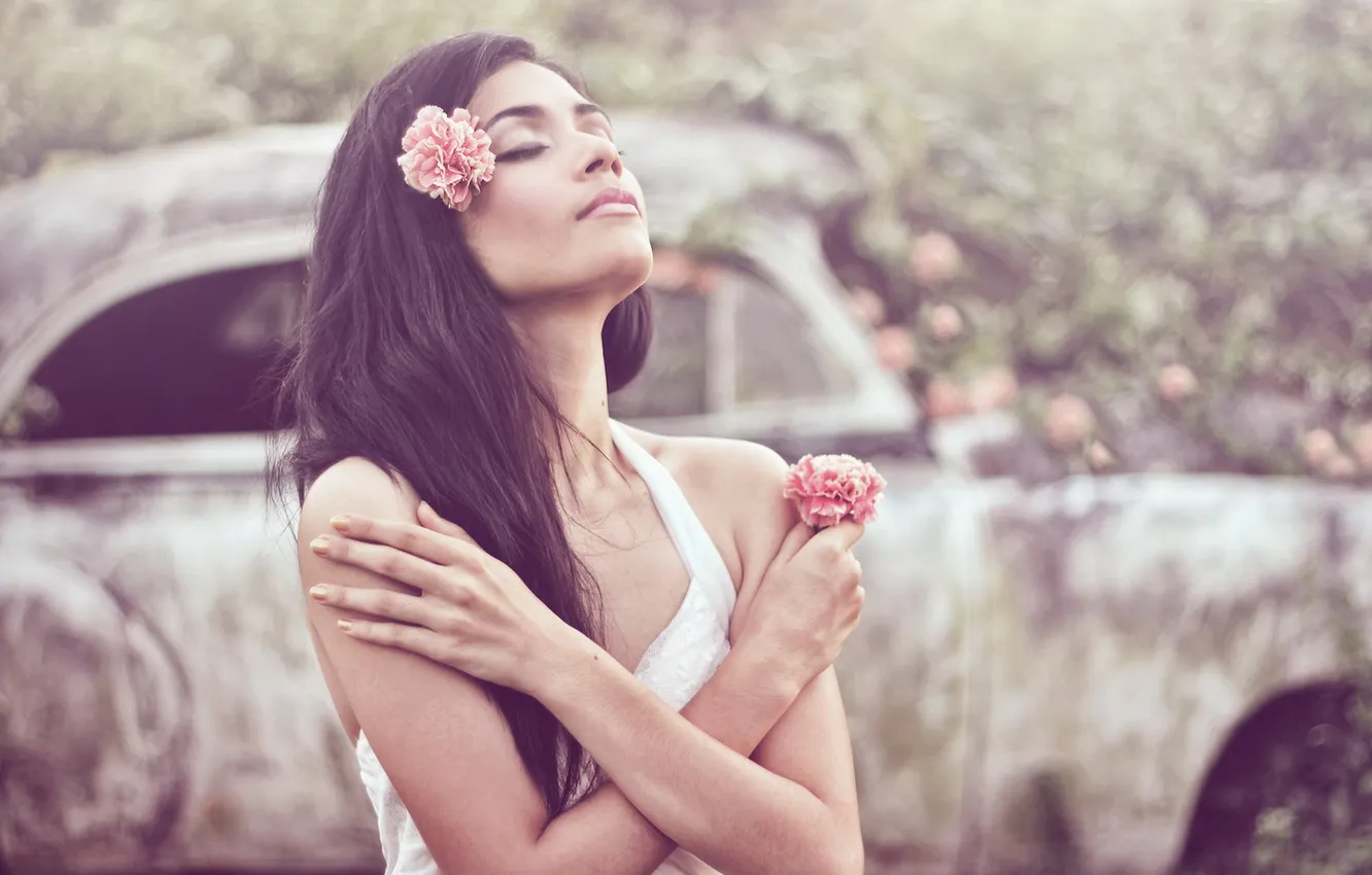 Photo wallpaper girl, flowers, background