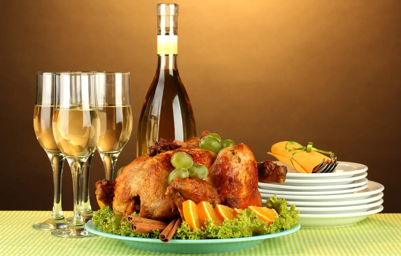 Photo wallpaper white, table, wine, glass, orange, food, chicken, plate
