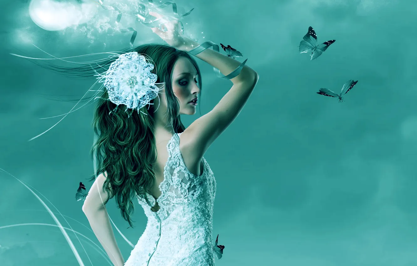 Photo wallpaper white, look, girl, flowers, fiction, butterfly, hair, hands