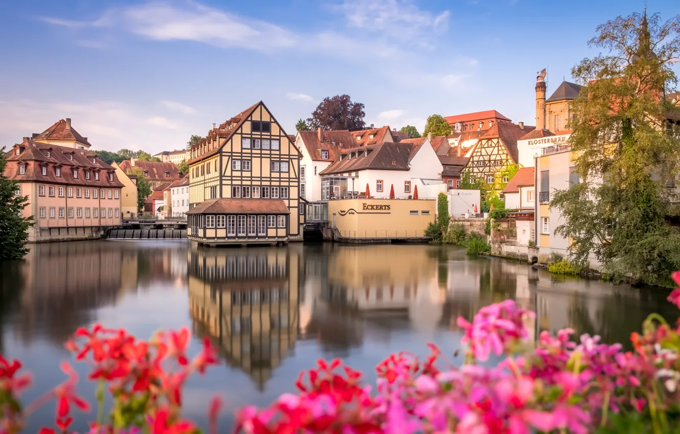 Photo wallpaper flowers, river, building, home, Germany, Bayern, Germany, Bamberg