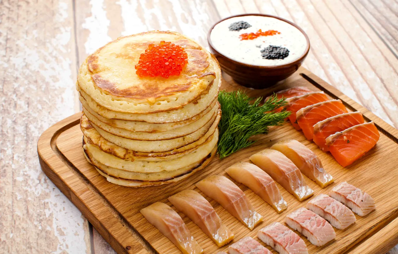Photo wallpaper fish, pancakes, sauce, caviar
