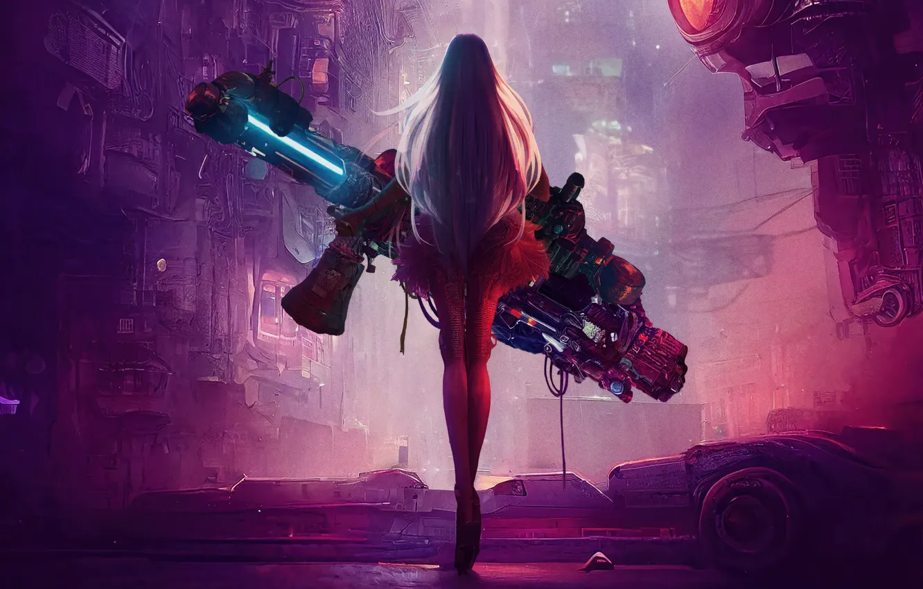 Wallpaper weapons, fantastic art, ruins, Cyberpunk, bokeh, haze, Girl ...