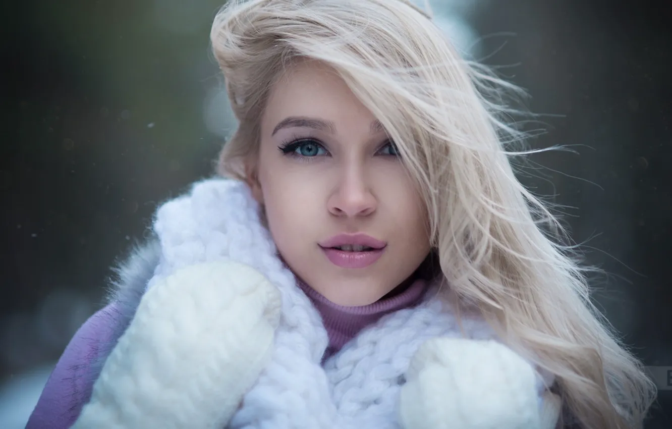 Photo wallpaper winter, girl, snow, background, portrait, makeup, scarf, hairstyle