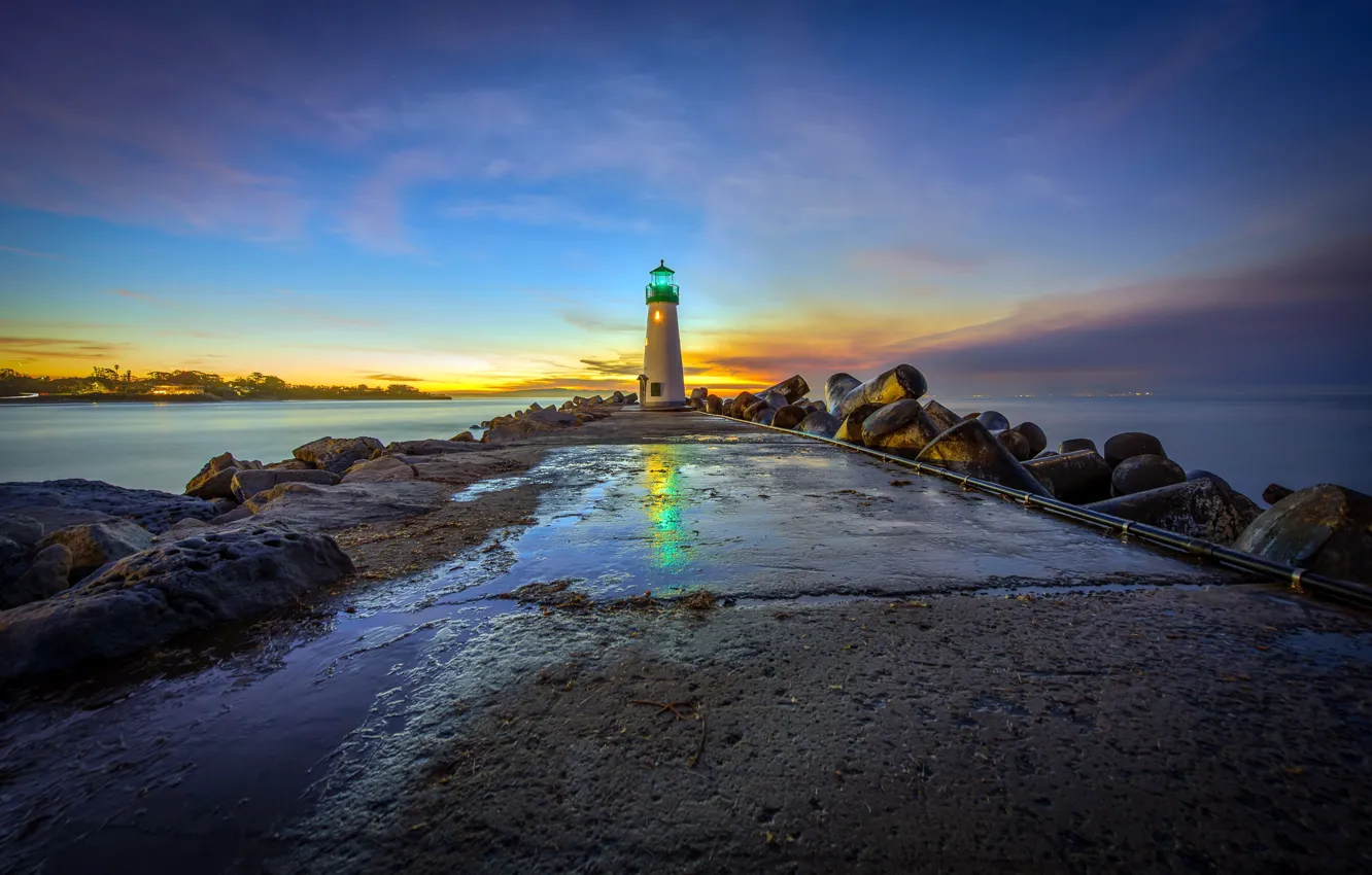 Photo wallpaper sunrise, Santa Cruz, walton lighthouse, First Morning Lights