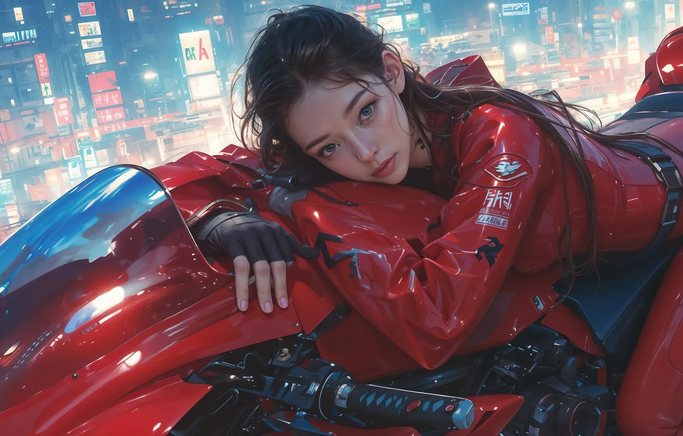 Photo wallpaper city, girl, motorcycle, anime girl, AI Art, AI Generated, Red Motorcycle