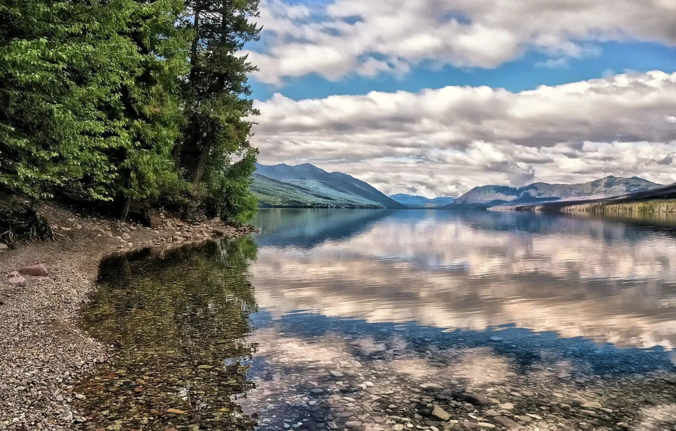 Photo wallpaper transparency, trees, mountains, lake, reflection
