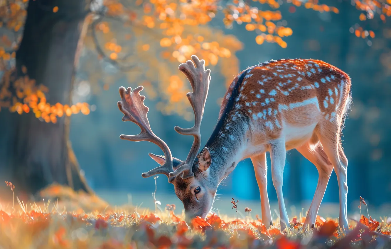 Photo wallpaper autumn, forest, light, branches, fog, Park, glade, foliage