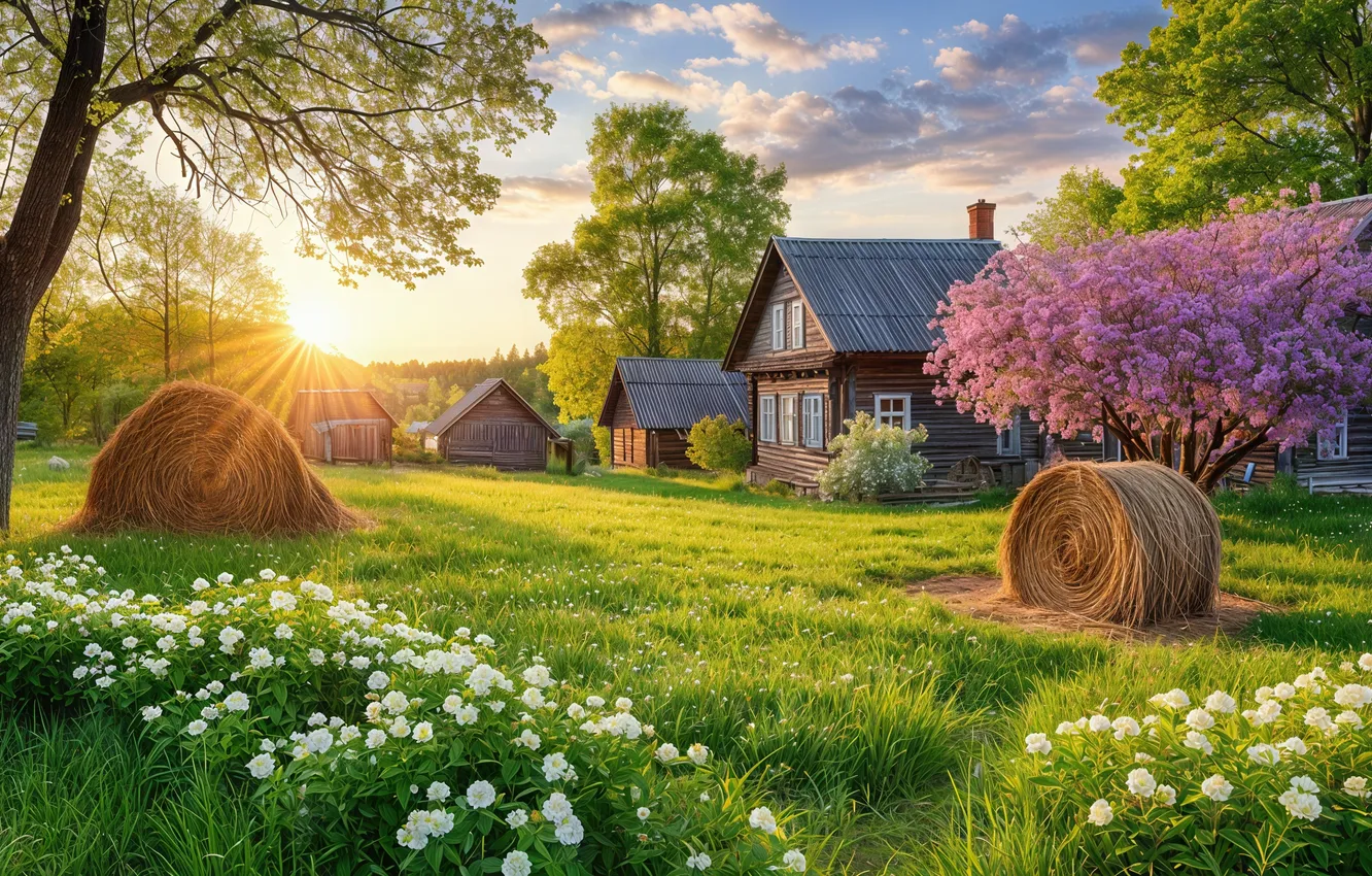 Photo wallpaper field, summer, the sun, flowers, village, hay, bales, straw