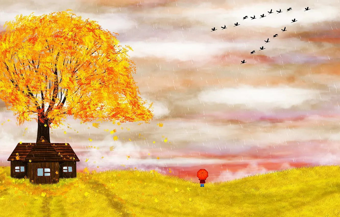 Photo wallpaper autumn, umbrella, girl, illustration