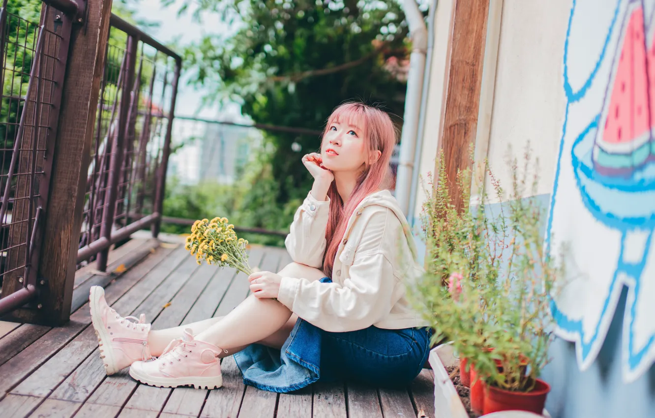 Photo wallpaper skirt, jacket, legs, Asian, sitting, a bunch