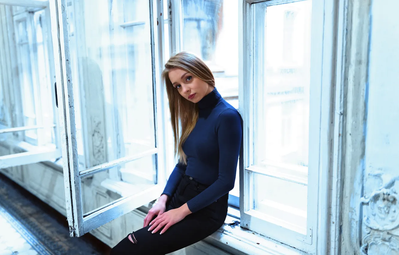 Photo wallpaper look, model, portrait, jeans, makeup, hairstyle, brown hair, blouse