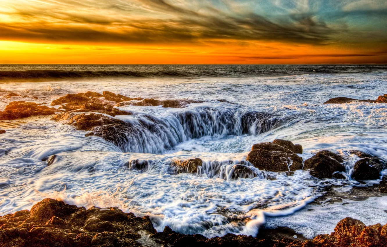 Photo wallpaper sea, wave, the sky, sunset, stones, shore, funnel, sea foam