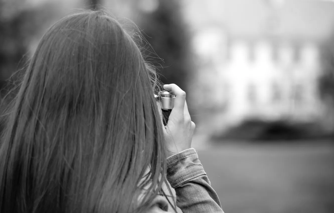 Photo wallpaper girl, background, widescreen, black and white, Wallpaper, mood, hair, camera