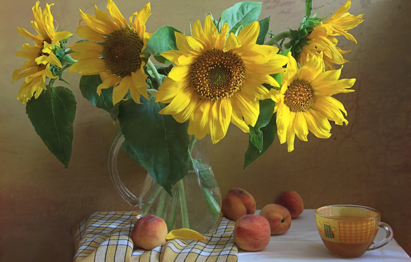 Photo wallpaper sunflowers, bouquet, vase, still life, apricots