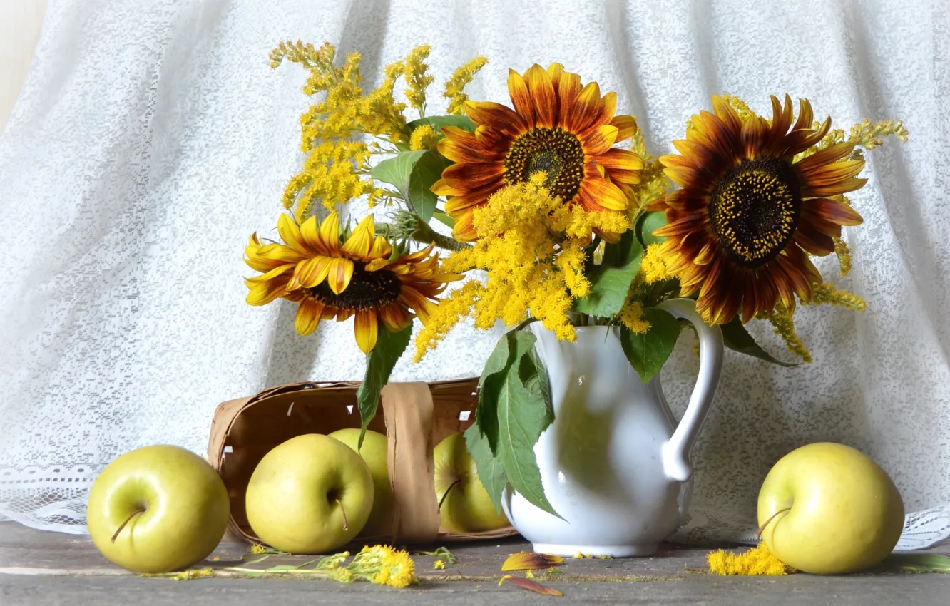 Photo wallpaper sunflowers, apples, pitcher, still life