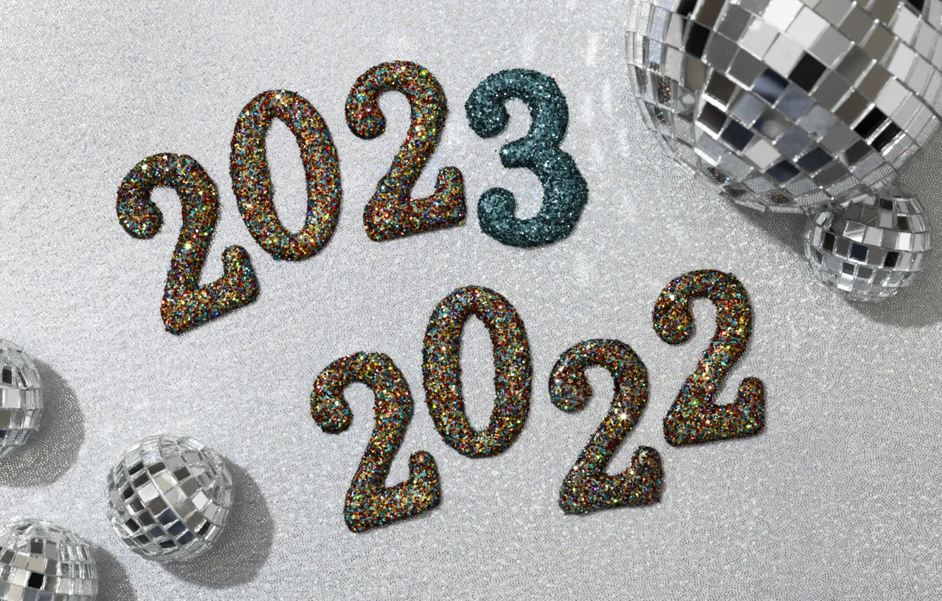 Photo wallpaper balls, silver, Shine, new year, sequins, figures, gold plated, date