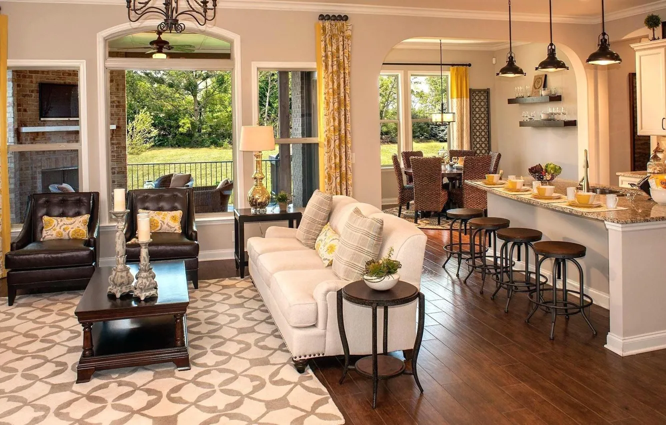 Photo wallpaper interior, kitchen, living room, cozy, dining room, Open plan lounge, dining and kitchen area