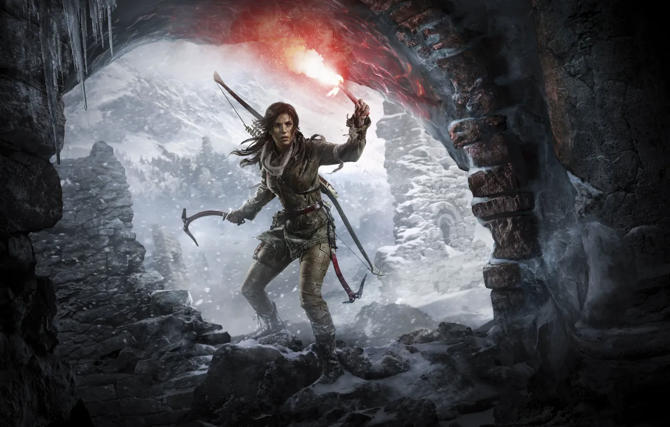 Photo wallpaper Girl, Mountains, Snow, Bow, Lara Croft, Art, Lara Croft, Torch